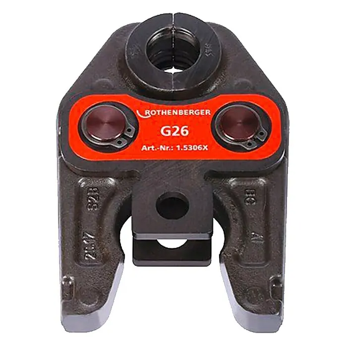 Rothenberger Industrial Pressbacken G Kontur - Passend für: Verbundrohre Ø 26 mm, Stahl - Nahaufnahme einer Rothenberger G26 Pressbacke, einem Werkzeug zum Verpressen von Rohren, mit klaren Details und professioneller Ausführung.
