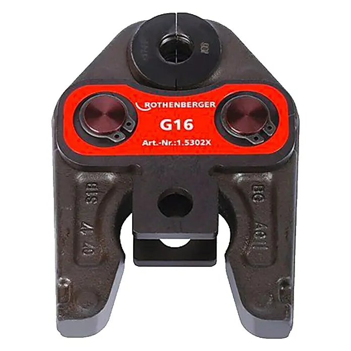Rothenberger Industrial Pressbacken G Kontur - Passend für: Verbundrohre Ø 16 mm, Stahl - Nahaufnahme der Rothenberger G16 Pressbacke für Rohrverbindungen, ideal für Installateure und Handwerker. Hochwertiges Werkzeug für präzise Arbeiten.