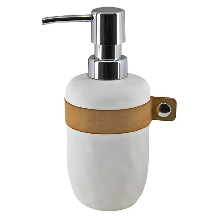 Spirella Lio Dispensador de jabón - L x An x Al: 73 x 73 x 17 cm, Plástico, Marrón/Blanco - Este dispensador de jabón blanco con correa de cuero y cabezal de bomba cromado es un elegante complemento para cualquier baño.