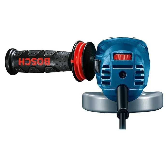 Bosch Professional Elektro-Winkelschleifer GWS 9-125 S - Durchmesser Scheibe: 125 mm, Leerlaufdrehzahl: 2.800 U/min - 11.000 U/min - Detailaufnahme eines blauen Bosch Winkelschleifers mit schwarzem Griff und rotem Akzent auf schwarzem Hintergrund.