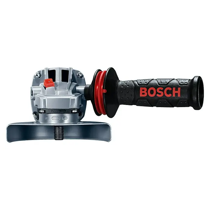 Bosch Professional Elektro-Winkelschleifer GWS 9-125 S - Durchmesser Scheibe: 125 mm, Leerlaufdrehzahl: 2.800 U/min - 11.000 U/min - Nahaufnahme eines Bosch Winkelschleifers mit schwarzem Griff und rotem Logo, perfekt für Schleifarbeiten.