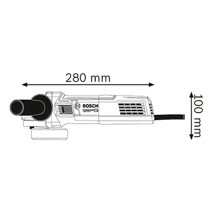 Bosch Professional Elektro-Winkelschleifer GWS 9-125 S - Durchmesser Scheibe: 125 mm, Leerlaufdrehzahl: 2.800 U/min - 11.000 U/min - Abbildung eines Bosch Winkelschleifers mit Maßangaben (280 mm Länge, 100 mm Höhe) zur Information über die Gerätegröße.