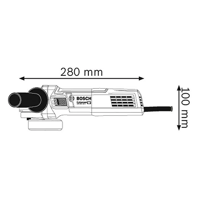 Bosch Professional Elektro-Winkelschleifer GWS 9-125 S - Durchmesser Scheibe: 125 mm, Leerlaufdrehzahl: 2.800 U/min - 11.000 U/min - Seitenansicht-Zeichnung eines Bosch Elektrowerkzeugs, schwarz-weiß, mit Maßen: 280 mm Länge und 100 mm Höhe.