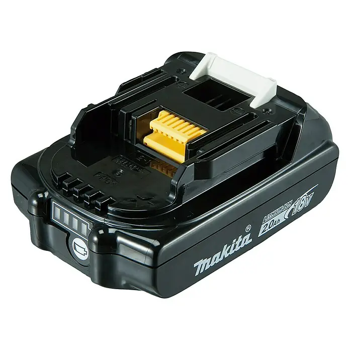 Makita Batería BL1820B - 18 V, 2 Ah - Primer plano de una batería de iones de litio de 18V de Makita, ideal para herramientas eléctricas. Diseño compacto y alto rendimiento.