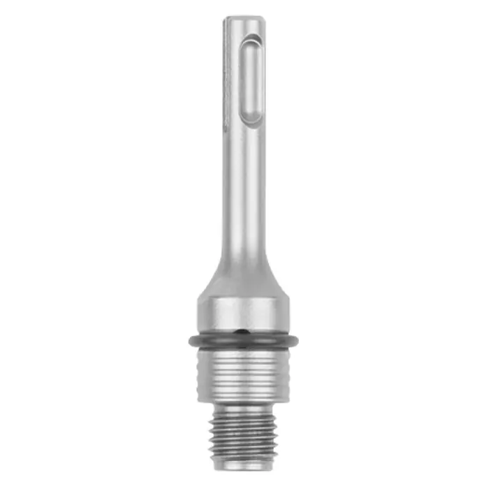 Wolfcraft Adaptador SDS-Plus - Diámetro de la broca: 8 mm - Primer plano de un adaptador SDS Plus plateado con rosca y junta tórica, utilizado para taladros.