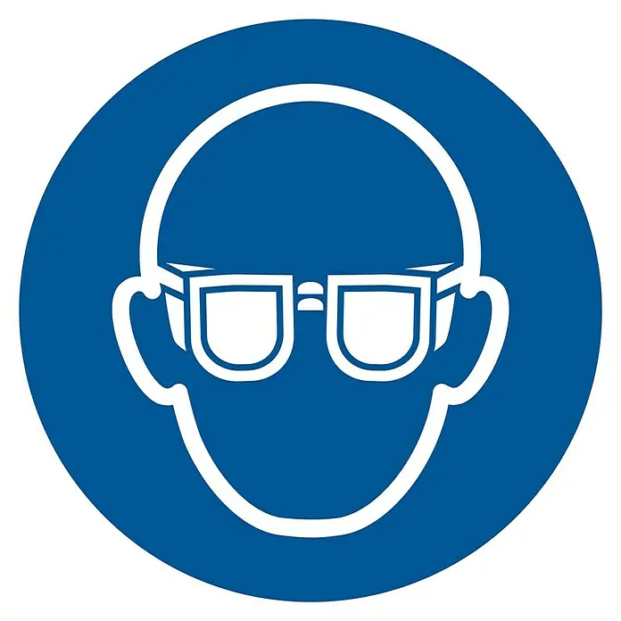 Pickup Señal de obligación - Diámetro: 180 mm, Uso obligatorio de gafas de seguridad, Azul/Blanco - La imagen muestra una señal de advertencia azul que indica que deben usarse gafas protectoras para proteger los ojos.