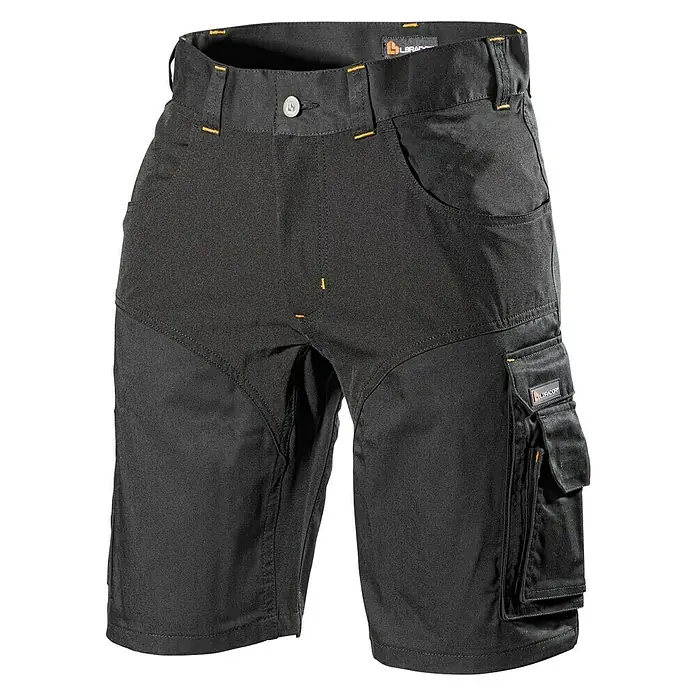 L.Brador Arbeitshose 1490 B - Herren, Konfektionsgröße: 48, Schwarz - Abgebildet ist eine schwarze Labradorkurz-Arbeitshose, ideal für den professionellen Einsatz, mit verstärkten Taschen und robustem Material.