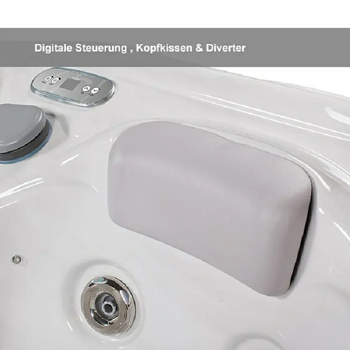 Camargue Außen-Whirlpool Mars - 213 x 160 x 75 cm, Grau/Weiß, Max. Personenzahl: 3 - Detailansicht eines Whirlpools mit digitaler Steuerung, Kopfkissen und Düsen. Luxuriöses Design für Entspannung und Komfort im eigenen Zuhause.