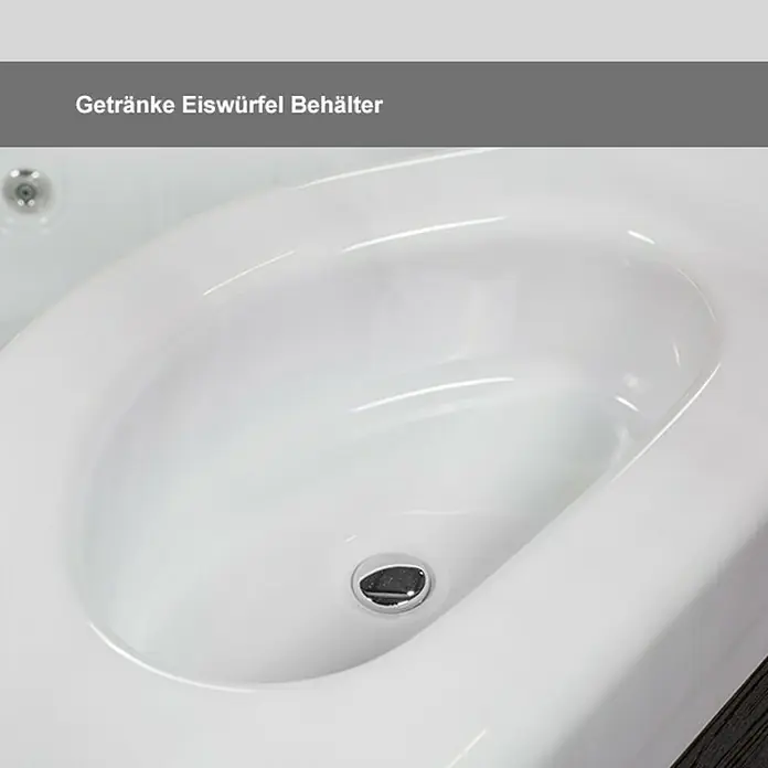 Camargue Außen-Whirlpool Havana 2 + Gratis Treppe - 200 x 200 x 91 cm, Grau/Weiß, Max. Personenzahl: 6 - Nahaufnahme eines weißen Eiswürfelbehälters mit glänzender Oberfläche und einem Abfluss in der Mitte.