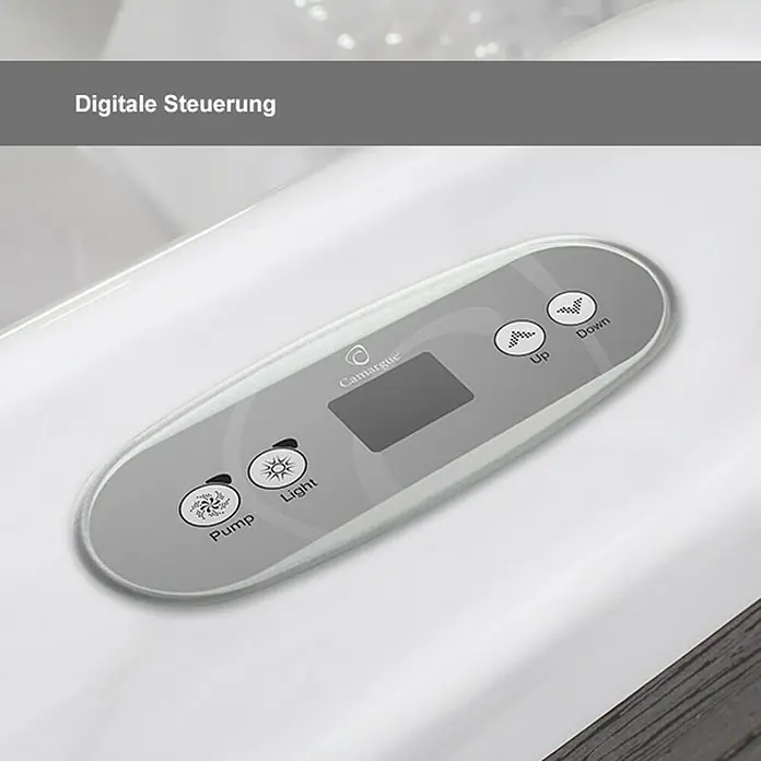 Camargue Außen-Whirlpool Havana 2 + Gratis Treppe - 200 x 200 x 91 cm, Grau/Weiß, Max. Personenzahl: 6 - Digitale Steuerungseinheit einer Camargue Badewanne mit Display und Tasten für Pumpe, Licht und Wasserregulierung.