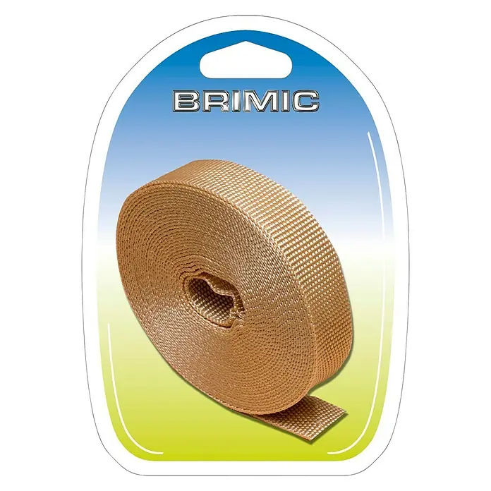 Micel Brimic Cinta para persiana PR 26 - L x An: 6 m x 18 mm, Beige - Un rollo de cinta textil marrón Brimiс en un embalaje del producto.
