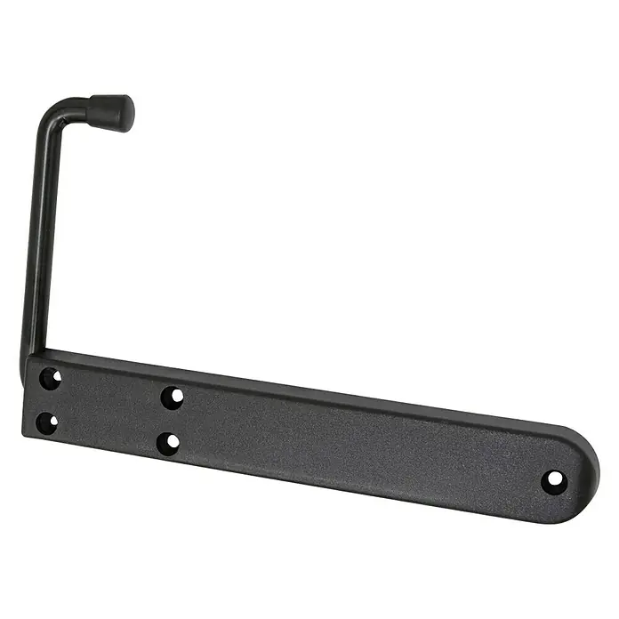 Retenedor para puerta y ventana exterior - Largo: 120 mm, Negro - Primer plano de un soporte de pared negro con un brazo resistente en forma de L y una base rectangular con orificios para tornillos.