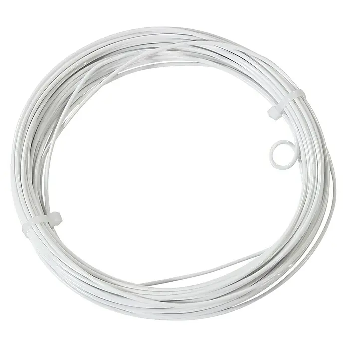 Cable de acero - 50 m, Blanco, Recubierto de PVC - Sedal de pesca blanco sobre fondo negro, ideal para pescadores. La línea de alta calidad está enrollada y lista para usar.