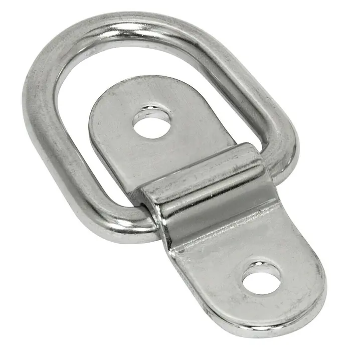 Anilla D para toldos 9501 - L x An x Al: 57 x 20 x 25 mm, Acero inoxidable - Primer plano de un punto de anclaje metálico con anillo en D, con dos agujeros para montaje. Ideal para asegurar la carga y aplicaciones de amarre.
