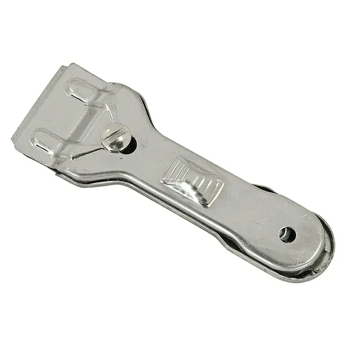 Rascador para vidrios SX 22-4 - Metal, Ancho de corte: 38 mm - La imagen muestra un rascador de vidrio metálico con un tornillo para fijar la cuchilla, útil para limpiar superficies de vidrio.
