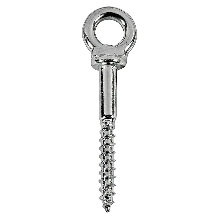 Cáncamo - M 8, Diámetro ojal: 18 mm, Longitud rosca: 43 mm, Acero inoxidable - Primer plano de un tornillo de argolla metálico brillante con rosca. Ideal para colgar objetos de forma segura.