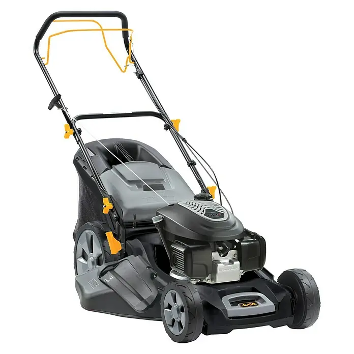 Alpina Cortacésped de gasolina AL8 53 SHQ - 3,3 kW, 167 cm³, Ancho de corte: 53 cm - El cortacésped Alpina se muestra en gris y negro con detalles amarillos, una herramienta robusta para el jardín.