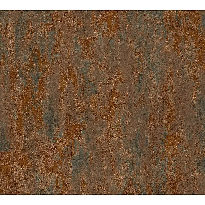 A.S. Création Elements Vliestapete Patina - Braun/Kupfer, Metalloptik, 10,05 x 0,53 m - Nahaufnahme einer strukturierten, rostfarbenen Tapete mit grau-braunen Akzenten, die eine rustikale und industrielle Optik erzeugt.