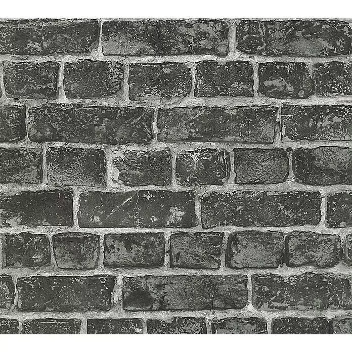 A.S. Création Elements Vliestapete - Schwarz/Weiß, Steinoptik, 10,05 x 0,53 m - Strukturierte dunkelgraue Ziegelwand mit hellgrauen Mörtelfugen, die ein rustikales Aussehen erzeugt.