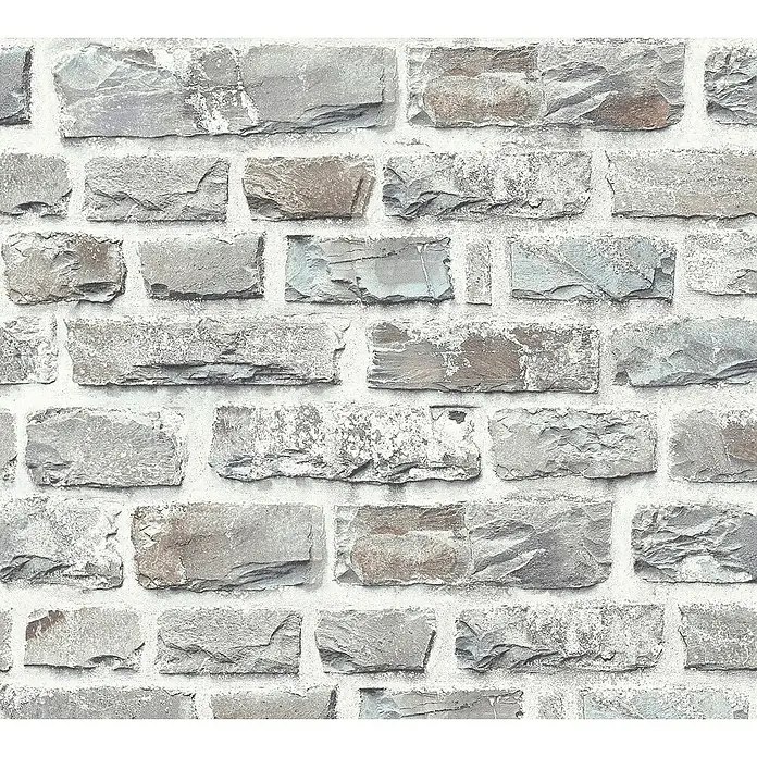 A.S. Création Elements Vliestapete Steine - Grau/Creme, Steinoptik, 10,05 x 0,53 m - Steinwand-Tapete mit grau-braunen Ziegeln und hellem Mörtel für eine rustikale und natürliche Wandgestaltung in jedem Raum.
