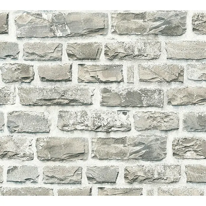 A.S. Création Elements Vliestapete Steine - Creme/Grau, Steinoptik, 10,05 x 0,53 m - Nahaufnahme einer Wand mit grauen Ziegelsteinen und hellem Mörtel, die eine rustikale und robuste Textur zeigt.