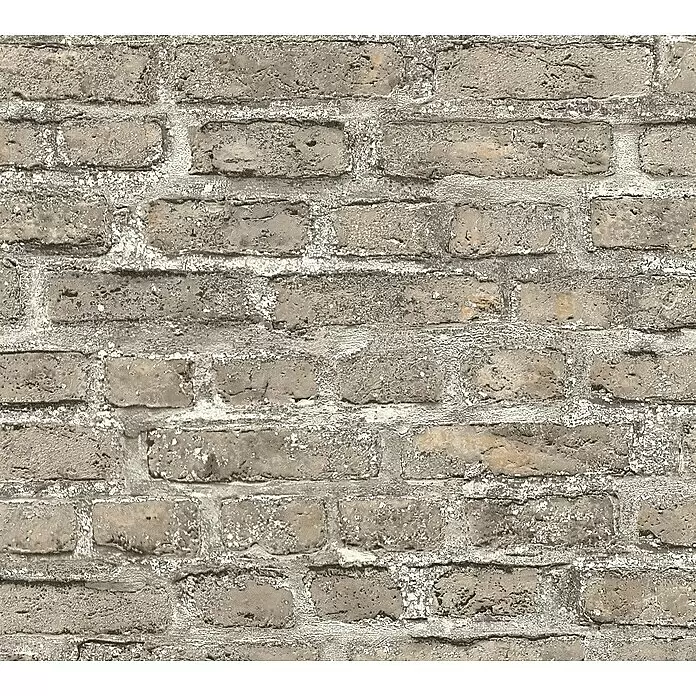A.S. Création Elements Vliestapete Backsteinmauer - Beige/Grau, Steinoptik, 10,05 x 0,53 m - Nahaufnahme einer gealterten Ziegelwandtextur mit rauen, verwitterten grauen und hellbraunen Ziegeln und abgenutztem weißem Mörtel.