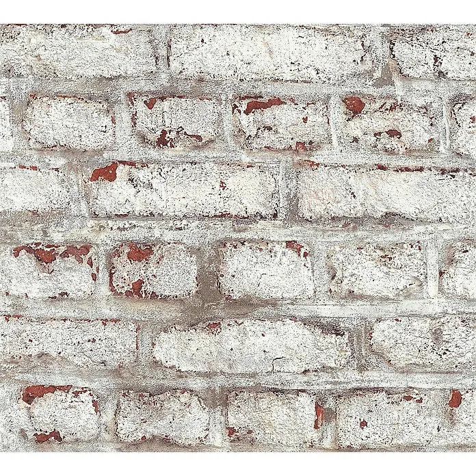 A.S. Création Elements Vliestapete Backsteinmauer - Weiß/Braun/Grau, Steinoptik, 10,05 x 0,53 m - Nahaufnahme einer Ziegelwand mit abgeplatzter weißer Farbe, die eine rustikale und strukturierte Oberfläche zeigt.