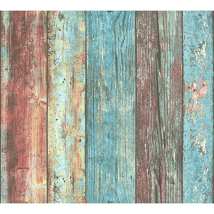 A.S. Création Elements Vliestapete - Bunt, Holzoptik, 10,05 x 0,53 m - Attraktive Nahaufnahme von rustikalen Holzpaneelen mit faszinierenden roten und blauen Farbtönen.
