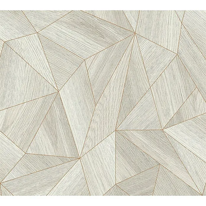 A.S. Création Elements Vliestapete - Grau/Gold, Grafisch, 10,05 x 0,53 m - Geometrische Tapete mit Holzstruktur in Weiß und Braun für eine moderne Wandgestaltung mit elegantem Touch.