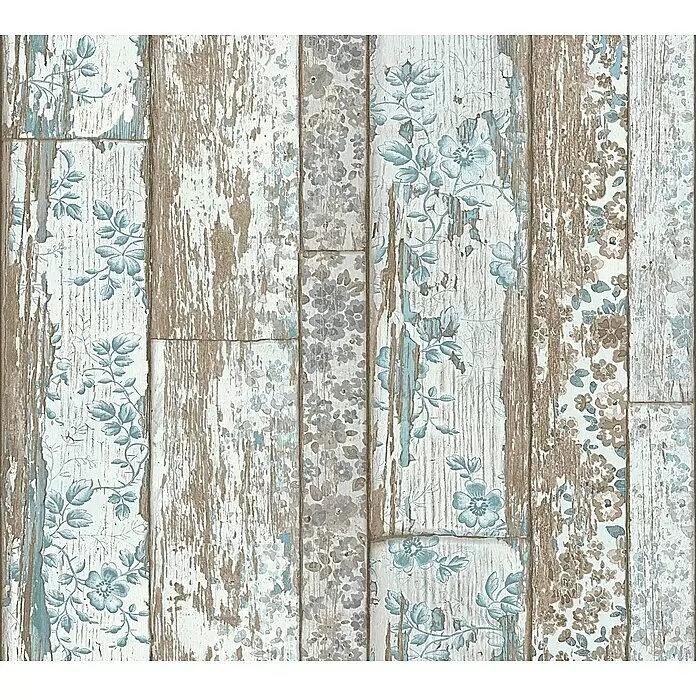 A.S. Création Elements Vliestapete - Blau/Braun/Grau, Holzoptik, 10,05 x 0,53 m - Tapete im Used-Look: distressed weiße Holzplanken mit abblätternder Farbe, die hellblaue und beige Blumenmuster zeigen.
