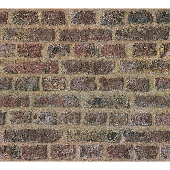 A.S. Création Elements Vliestapete - Braun/Rot, Steinoptik, 10,05 x 0,53 m - Detailaufnahme einer Mauer aus roten Backsteinen mit gelbem Mörtel, die eine rustikale und robuste Textur zeigt.