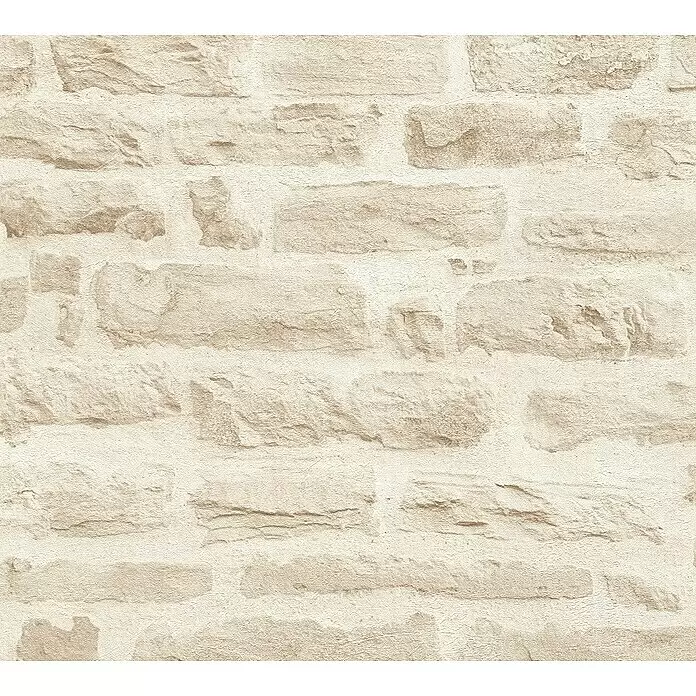 A.S. Création Elements Vliestapete Steine I - Creme, Steinoptik, 10,05 x 0,53 m - Helle beige strukturierte Steinwand mit unebenen Blöcken und sichtbarem Mörtel.