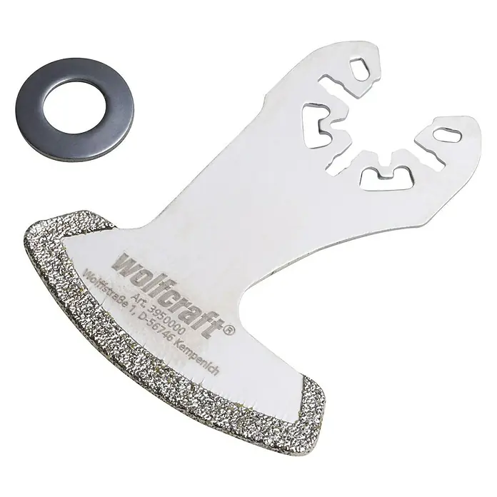 Wolfcraft Diamant-Sägebeil Pro - Arbeitsbreite: 52 mm - Abgebildet ist ein Wolfcraft Fliesenschneider mit Diamantbeschichtung und eine Metallscheibe. Das Werkzeug ist silbern mit einer T-förmigen Form.