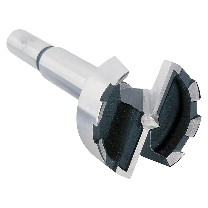 Wolfcraft Forstnerbohrer-Set - 5 -tlg., Durchmesser Schaft: 10 mm - Nahaufnahme eines Forstnerbohrers mit silberfarbenem Metallschaft und schwarzem Schneidkopf. Ideal für präzise Holzarbeiten.