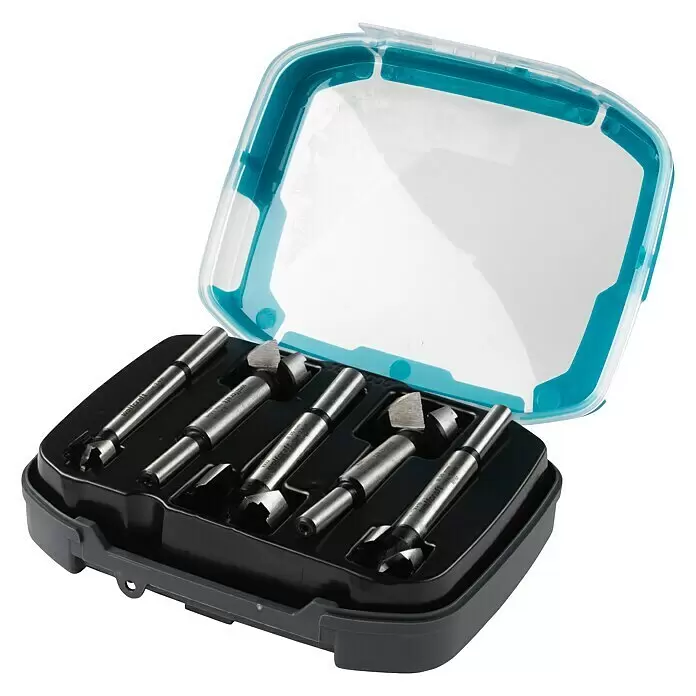 Wolfcraft Set de brocas Forstner - 5 pzs., Diámetro: 15 mm - 35 mm, Diámetro vástago: 10 mm - Un juego de brocas Forstner de metal en un estuche de plástico negro y azul.