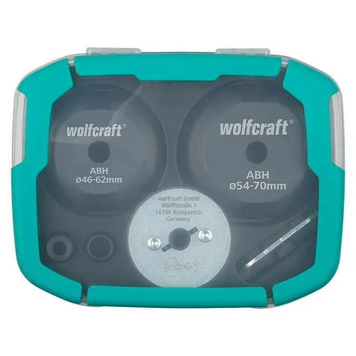 Wolfcraft Aufbohrhilfe-Set - 7 -tlg., Passend für: Lochsägen ab Ø 60 mm - Wolfcraft ABH Kreisschneider-Set für präzise Kreise in verschiedenen Größen, verpackt in einem robusten Kunststoffkoffer.