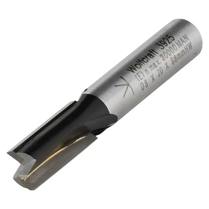 Wolfcraft Nutfräser - Nutbreite: 8 mm, Durchmesser Schaft: 8 mm, Metall - Nahaufnahme eines Wolfcraft 3925 Nutfräsers, ideal für präzise Holzarbeiten und professionelle Ergebnisse.