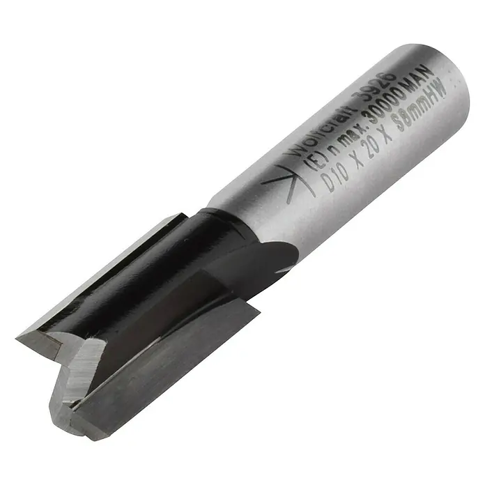 Wolfcraft Nutfräser - Nutbreite: 10 mm, Durchmesser Schaft: 8 mm - Nahaufnahme eines Wolfcraft 3926 Nutfräsers, ideal für präzise Holzbearbeitung mit max. 30000 U/min und den Maßen D10 x 20 x S8mmHW.