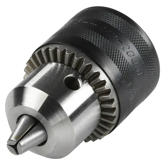 Wolfcraft Zahnkranzbohrfutter Economy line - ½″ - Nahaufnahme eines Bohrfutters, das für verschiedene Bohrmaschinen verwendet werden kann, mit Details zu seiner gezahnten Mechanik.