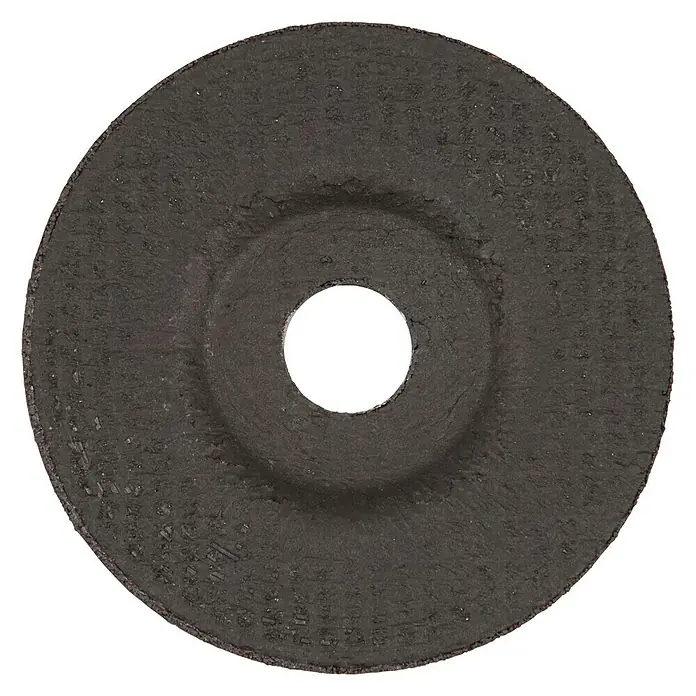 Wolfcraft Trennscheibe - Gekröpft, Geeignet für: Metall, 5 Stk., Durchmesser: 125 mm - Schleifscheibe: Eine robuste Schleifscheibe mit einer dunklen, rauen Oberfläche und einer zentralen Aussparung.