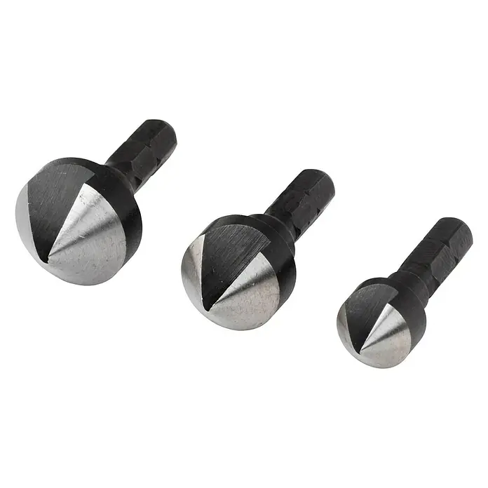 Wolfcraft Kegelsenker-Set - Durchmesser: 12 mm - 19 mm, 3 -tlg. - Drei Senkbohrer in verschiedenen Größen auf schwarzem Hintergrund, ideal für präzise Bohrarbeiten.