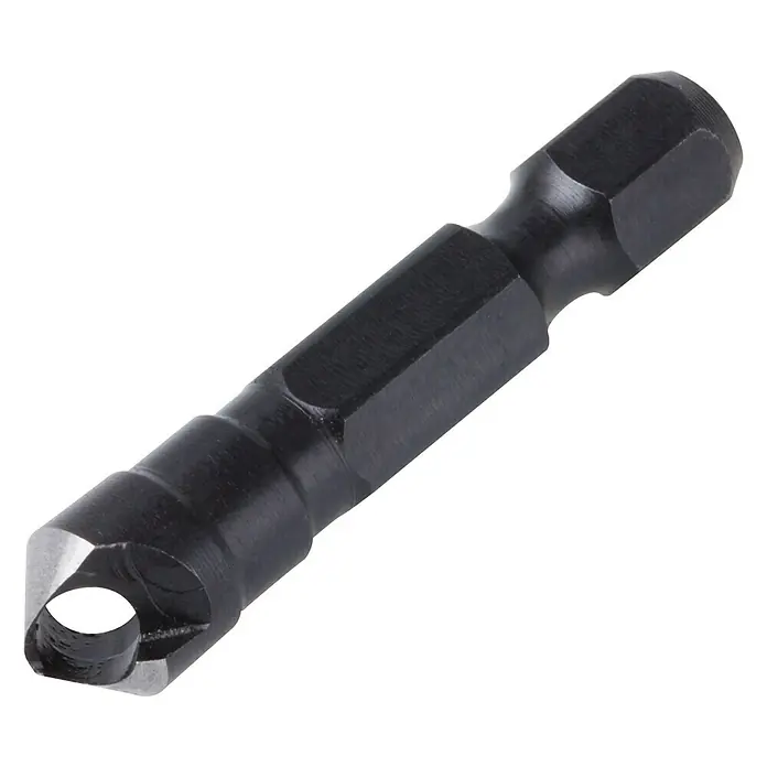 Wolfcraft Querlochsenker - Durchmesser: 8 mm, Passend für: Senkkopfschrauben Ø 3 - 4 mm - Nahaufnahme eines schwarzen Ansenkbohrers mit Sechskantschaft, der für Bohrarbeiten in Holz und anderen Materialien verwendet wird.
