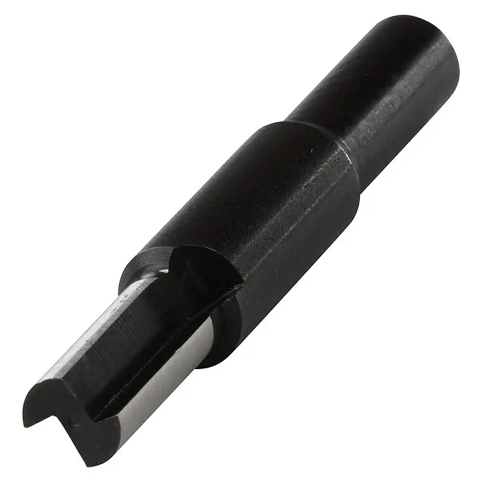 Wolfcraft Nutfräser - Nutbreite: 8 mm, Durchmesser Schaft: 8 mm, Werkzeugstahl - Nahaufnahme eines Zapfenschneiders, einem Werkzeug zur Herstellung von Zapfenverbindungen in der Holzbearbeitung, vor schwarzem Hintergrund.