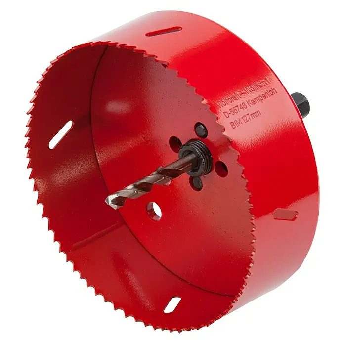 Wolfcraft Lochsäge - Arbeitsdurchmesser: 127 mm, Schnitttiefe: 40 mm - Rote Lochsäge mit Bohrer in der Mitte. Ideal zum Bohren großer Löcher in Holz oder andere Materialien mit hoher Präzision.