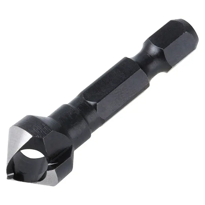 Wolfcraft Querlochsenker - Durchmesser: 12 mm, Passend für: Senkkopfschrauben Ø 3 - 6 mm - Bild einer Senker-Bit, ein Werkzeug für saubere, präzise Senkungen in Holz und Metall, isoliert auf schwarzem Hintergrund.