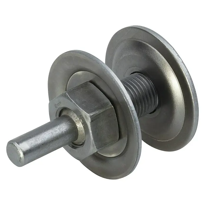 Wolfcraft Spanndorn - Aufnahme: 13 mm - Nahaufnahme einer Schraube mit Mutter und Unterlegscheiben, die ein robustes und industrielles Aussehen vermitteln.