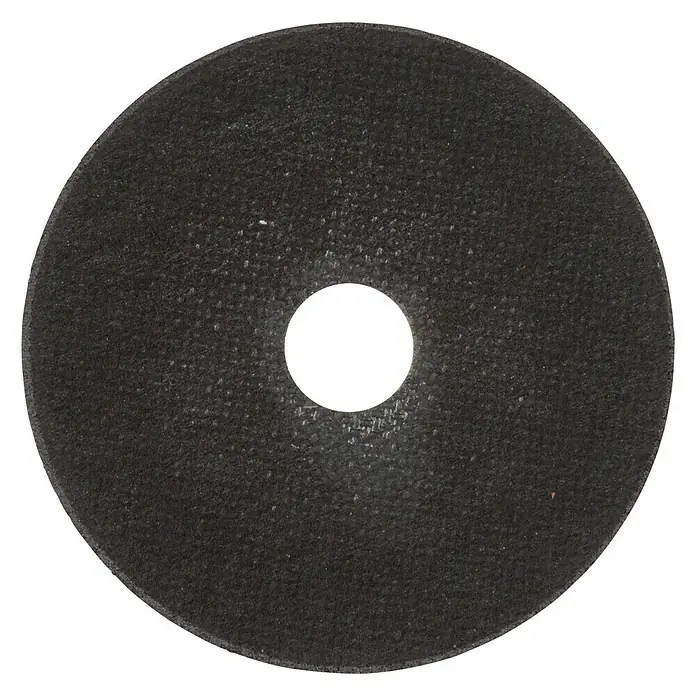 Wolfcraft Trennscheibe - Geeignet für: Stahl, Durchmesser: 115 mm, Bohrung: 22,22 mm - Nahaufnahme einer runden, schwarzen Trennscheibe mit einem Loch in der Mitte auf schwarzem Hintergrund.