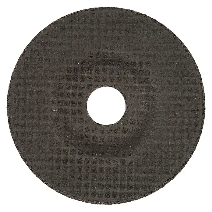 Wolfcraft Trennscheibe - 115 mm, 5 Stk., Geeignet für: Stein, Gekröpft - Nahaufnahme einer dunklen Trennscheibe mit einer körnigen Textur und einem Loch in der Mitte, ideal für Metallarbeiten.