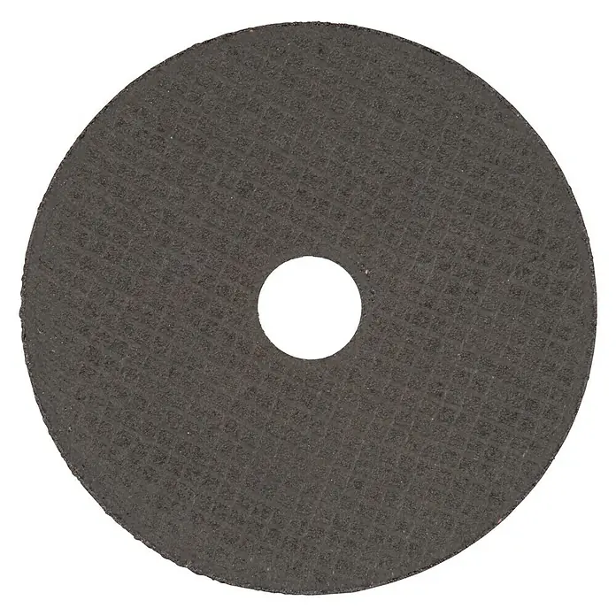 Wolfcraft Trennscheibe - Geeignet für: Metall, Durchmesser: 125 mm, Bohrung: 22,22 mm - Nahaufnahme einer Trennscheibe mit Mittelloch auf schwarzem Hintergrund.