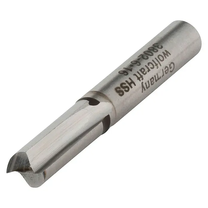 Wolfcraft Nutfräser - Nutbreite: 6 mm, Durchmesser Schaft: 6 mm, HS-Stahl - Detailaufnahme eines Wolfcraft HSS-Fräsers, ideal für präzise Holzarbeiten und Gravuren. Robuste Qualität für langlebige Ergebnisse.